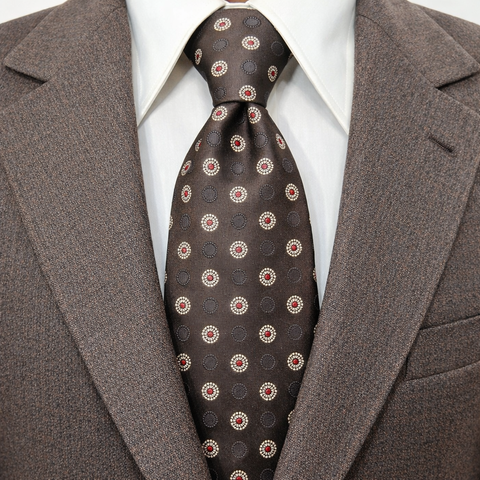 1970s Oleg Cassini Tie Men's Vintage Wide Brown Woven Polyester Disco Era Necktie with Red, White & Black Geometric Dot Designs