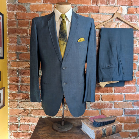 1950s-60s 2 piece Blue Gray Men's Suit Vintage Mad Men Era MOD Blue Jacket / Sport Coat / Blazer & Pants by Botany 500 - Size 40-42 Long