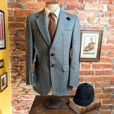 1970s Gray Tweed Men's Disco Era Vintage Suit Jacket / Sport Coat with Black Suede Elbow Patches h.i.s. Tailored Clothing - Size 40 (MEDIUM)