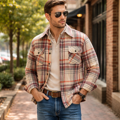 1970s Flannel Shirt Jacket Heavy White, Red, Purple & Black Plaid Men's Vintage Dagger Collar Lumberjack Jacket by Atleigh - Size MEDIUM