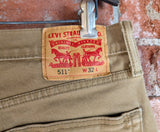 2000s Vintage LEVI'S 511 Shorts Men's 32 Tan Slim Cutoff Raw Hem Denim 5 Pocket