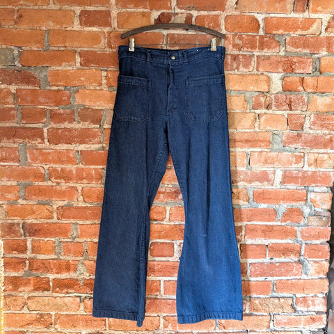 1960s-70s SEAFARER Dungarees Vintage Men's US Navy Sailor Suit Flared Bell Bottom Blue Denim Jeans / Trousers / Dungarees Unisex - Size 32