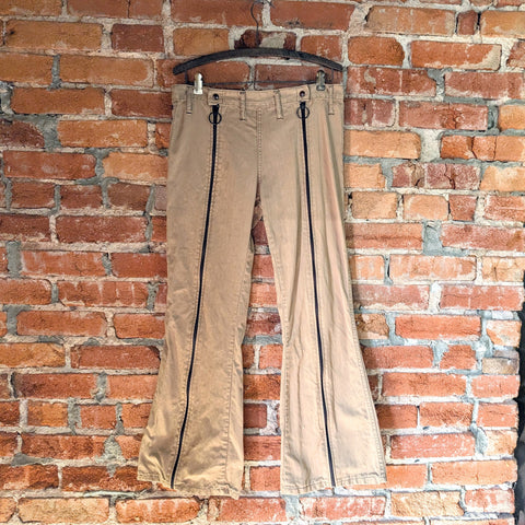 1970s Vintage Men's Disco Era Bell Bottom Trousers Flared Light Brown Bell Bottom Pants with Brown Zipper up each leg & snap detail - MEDIUM