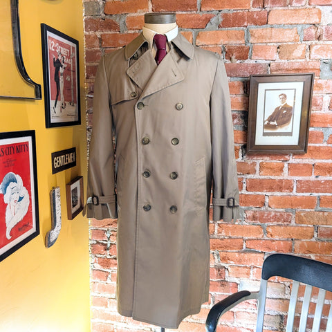 1970s London Fog Overcoat Vintage Men's Double Breasted Khaki Long Trench Coat with Removeable Winter Pile Lining - Size 38 (MEDIUM)