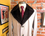 1970s Men's Dress Coat Vintage Beige Textured Polyester Winter Overcoat with Faux Fur Pile Collar by JCPenney Towncraft - Size 42R (LARGE)