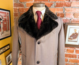 1970s Men's Western Dress Coat Vintage Brown Textured Polyester Winter Coat / Overcoat Faux Fur Pile Collar by Campus - Size 44 L (LARGE)