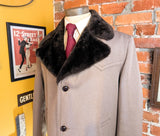 1970s Men's Western Dress Coat Vintage Brown Textured Polyester Winter Coat / Overcoat Faux Fur Pile Collar by Campus - Size 44 L (LARGE)