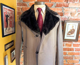 1970s Men's Western Dress Coat Vintage Brown Textured Polyester Winter Coat / Overcoat Faux Fur Pile Collar by Campus - Size 44 L (LARGE)