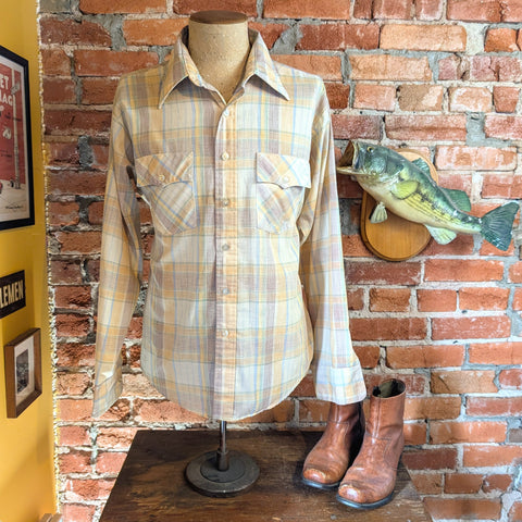 1970s Plaid Western Shirt Vintage Men's Disco Era Pastel Plaid Long Sleeve Shirt by Sutton Collection - Size LARGE