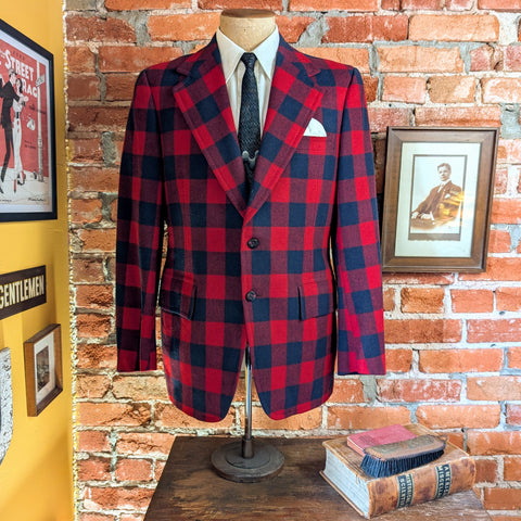1950s Red & Black Plaid Wool Men's Vintage Suit Jacket 50s Blazer / Sport Coat by Kingsridge - Size 40 REG (MEDIUM)