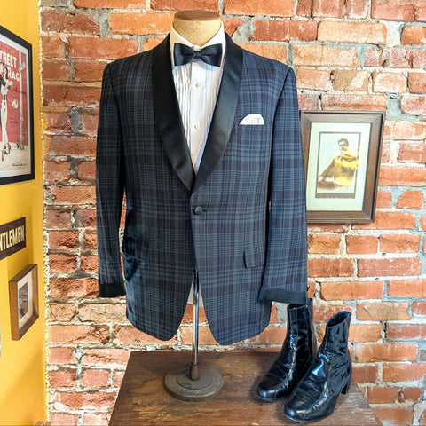 1960s Plaid Tuxedo Jacket Men's Vintage Formal Gray, Black & Red Plaid Tux Satin Shawl Collars by Fomby's San Antonio - Size 40 S (MEDIUM)