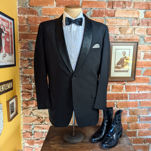 1950s Shawl Collar Tuxedo Jacket Men's Vintage Formal Black Tux Satin Shawl Collars by Woolf Brothers Varsity Club Shop - Size 40 (MEDIUM)