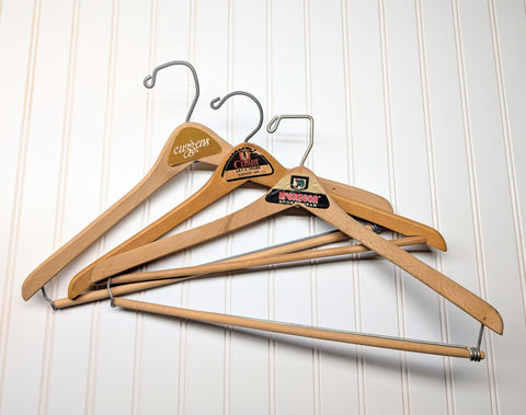 Lot of 3 1950s-60s Vintage Wood Hangers Mad Men Era Advertising Clothes Hangers for Suit Coat Pants Wishbone Clothing Store Hanger LOT #1