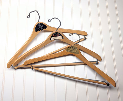 Lot of 3 1950s-60s Vintage Wood Hangers Mad Men Era Advertising Clothes Hangers for Suit Coat Pants Wishbone Clothing Store Hanger LOT #4