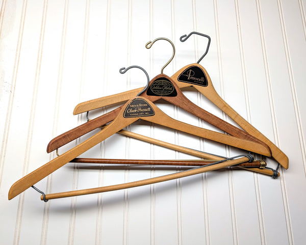Lot of 3 1950s-60s Vintage Wood Hangers Mad Men Era Advertising Clothes Hangers for Suit Coat Pants Wishbone Clothing Store Hanger LOT #5