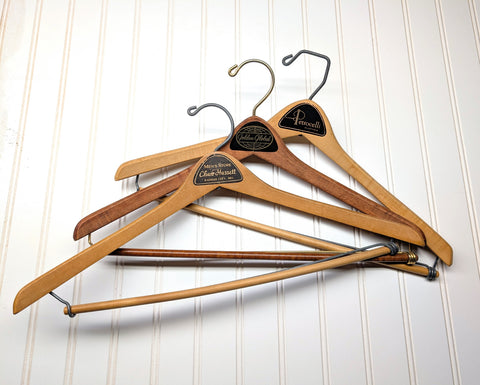 Lot of 3 1950s-60s Vintage Wood Hangers Mad Men Era Advertising Clothes Hangers for Suit Coat Pants Wishbone Clothing Store Hanger LOT #5