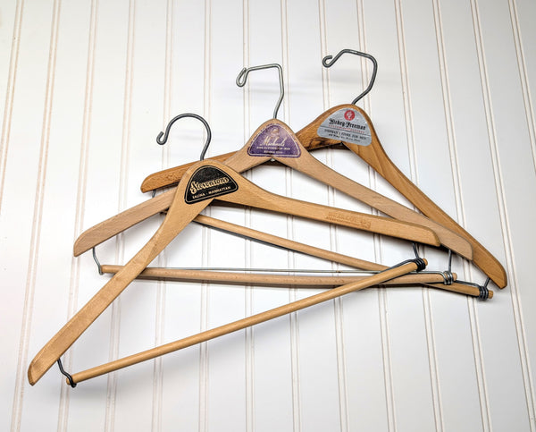 Lot of 3 1950s-60s Vintage Wood Hangers Mad Men Era Advertising Clothes Hangers for Suit Coat Pants Wishbone Clothing Store Hanger LOT #9
