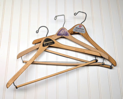 Lot of 3 1950s-60s Vintage Wood Hangers Mad Men Era Advertising Clothes Hangers for Suit Coat Pants Wishbone Clothing Store Hanger LOT #9