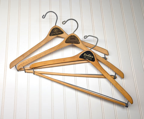 Lot of 3 1950s-60s Vintage Wood Hangers Mad Men Era Advertising Clothes Hangers for Suit Coat Pants Wishbone Clothing Store Hanger LOT #10