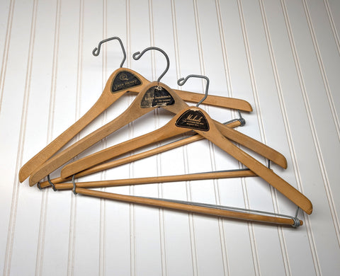 Lot of 3 1950s-60s Vintage Wood Hangers Mad Men Era Advertising Clothes Hangers for Suit Coat Pants Wishbone Clothing Store Hanger LOT #12