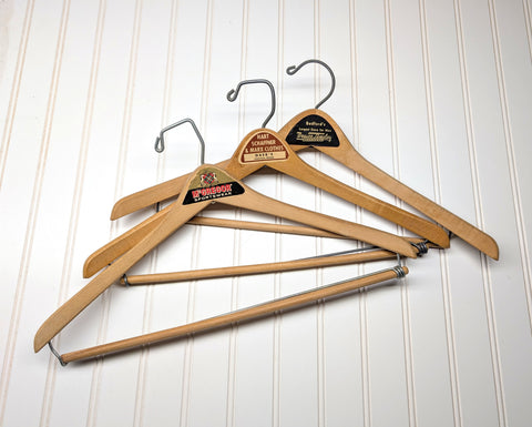 Lot of 3 1950s-60s Vintage Wood Hangers Mad Men Era Advertising Clothes Hangers for Suit Coat Pants Wishbone Clothing Store Hanger LOT #14
