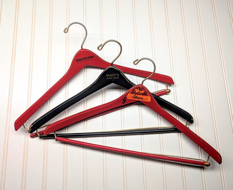 Lot of 3 1950s-60s Vintage Painted Wood Hangers Mad Men Advertising Clothes Hangers Suit Coat Pants Wishbone Clothing Store Hanger LOT #17