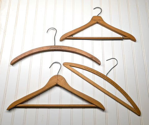 Lot of 4 Early 1900s Vintage Wood Hangers Advertising Clothes Hangers for Suit Coat Pants Clothing Store, Hotel & Laundry Hanger LOT #18