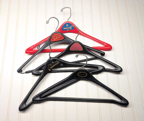 Lot of 5 1960s-70s Vintage Advertising Hangers Mad Men Era Clothes Hangers Suit Coat Pants Wishbone Plastic Clothing Store Hanger LOT #19