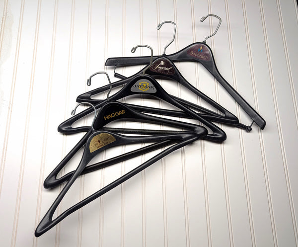 Lot of 5 1960s-70s Vintage Advertising Hangers Mad Men Era Clothes Hangers Suit Coat Pants Wishbone Plastic Clothing Store Hanger LOT #20