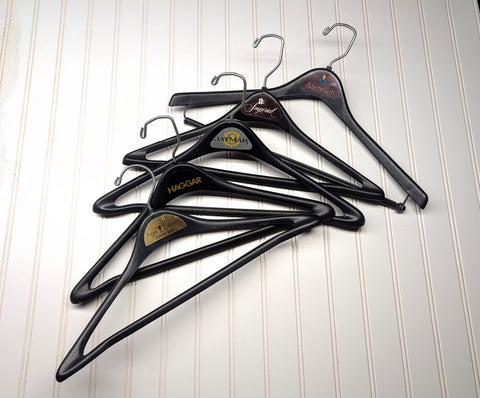 Lot of 5 1960s-70s Vintage Advertising Hangers Mad Men Era Clothes Hangers Suit Coat Pants Wishbone Plastic Clothing Store Hanger LOT #20