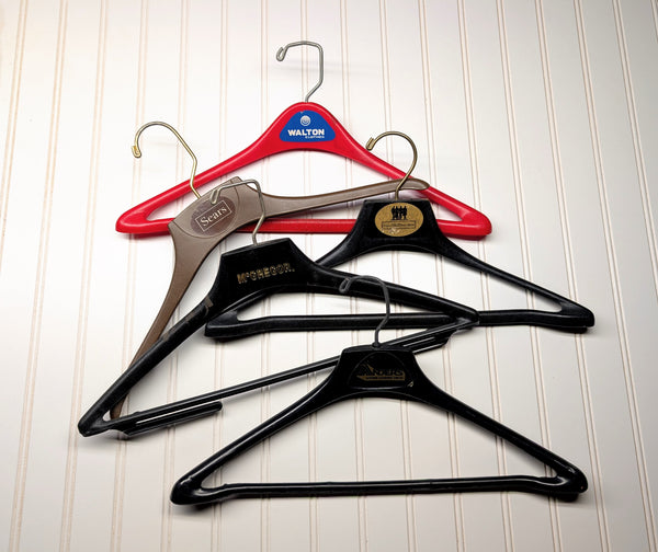 Lot of 5 1960s-70s Vintage Advertising Hangers Mad Men Era Clothes Hangers Suit Coat Pants Wishbone Plastic Clothing Store Hanger LOT #21