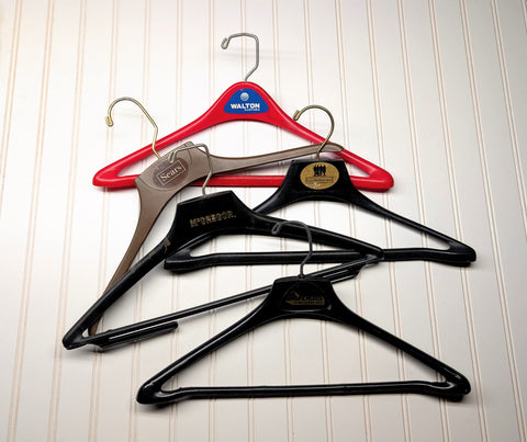Lot of 5 1960s-70s Vintage Advertising Hangers Mad Men Era Clothes Hangers Suit Coat Pants Wishbone Plastic Clothing Store Hanger LOT #21