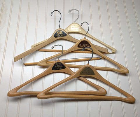 Lot of 5 1960s-70s Vintage Advertising Hangers Mad Men Era Clothes Hangers Suit Coat Pants Wishbone Plastic Clothing Store Hanger LOT #22