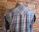 1970s WRANGLER Western Shirt Red White & Blue Plaid Vintage Cowboy Style Long Sleeve with Purple Pearl Snaps Made in USA - Size LARGE