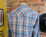 1970s WRANGLER Western Shirt Red White & Blue Plaid Vintage Cowboy Style Long Sleeve with Purple Pearl Snaps Made in USA - Size LARGE