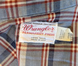 1970s WRANGLER Western Shirt Red White & Blue Plaid Vintage Cowboy Style Long Sleeve with Purple Pearl Snaps Made in USA - Size LARGE