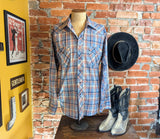 1970s WRANGLER Western Shirt Red White & Blue Plaid Vintage Cowboy Style Long Sleeve with Purple Pearl Snaps Made in USA - Size LARGE