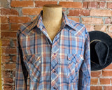 1970s WRANGLER Western Shirt Red White & Blue Plaid Vintage Cowboy Style Long Sleeve with Purple Pearl Snaps Made in USA - Size LARGE