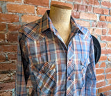 1970s WRANGLER Western Shirt Red White & Blue Plaid Vintage Cowboy Style Long Sleeve with Purple Pearl Snaps Made in USA - Size LARGE