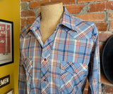 1970s WRANGLER Western Shirt Red White & Blue Plaid Vintage Cowboy Style Long Sleeve with Purple Pearl Snaps Made in USA - Size LARGE