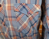 1970s WRANGLER Western Shirt Red White & Blue Plaid Vintage Cowboy Style Long Sleeve with Purple Pearl Snaps Made in USA - Size LARGE
