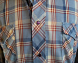 1970s WRANGLER Western Shirt Red White & Blue Plaid Vintage Cowboy Style Long Sleeve with Purple Pearl Snaps Made in USA - Size LARGE