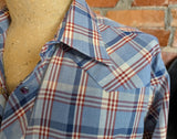 1970s WRANGLER Western Shirt Red White & Blue Plaid Vintage Cowboy Style Long Sleeve with Purple Pearl Snaps Made in USA - Size LARGE