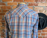 1970s WRANGLER Western Shirt Red White & Blue Plaid Vintage Cowboy Style Long Sleeve with Purple Pearl Snaps Made in USA - Size LARGE