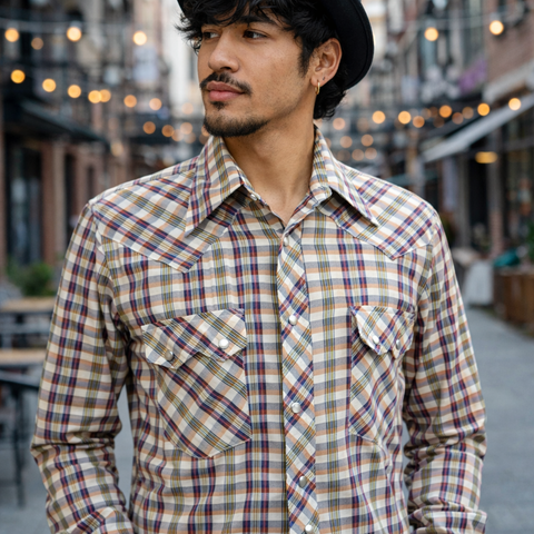 1970s Vintage Plaid Western Shirt Men's Cowboy Style Long Sleeve Pearl Snap Shirt TWENTY THREE Collection - Size LARGE