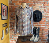 1970s Vintage Plaid Western Shirt Men's Cowboy Style Long Sleeve Pearl Snap Shirt TWENTY THREE Collection - Size LARGE
