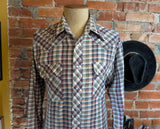 1970s Vintage Plaid Western Shirt Men's Cowboy Style Long Sleeve Pearl Snap Shirt TWENTY THREE Collection - Size LARGE