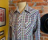 1970s Vintage Plaid Western Shirt Men's Cowboy Style Long Sleeve Pearl Snap Shirt TWENTY THREE Collection - Size LARGE