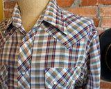 1970s Vintage Plaid Western Shirt Men's Cowboy Style Long Sleeve Pearl Snap Shirt TWENTY THREE Collection - Size LARGE