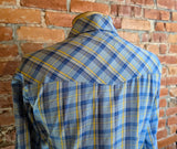 1970s Sears Plaid Men's Disco Era Vintage Long Sleeve Blue, Yellow & White Perma-Prest Western Style Shirt from JEANS JOINT - Size LARGE
